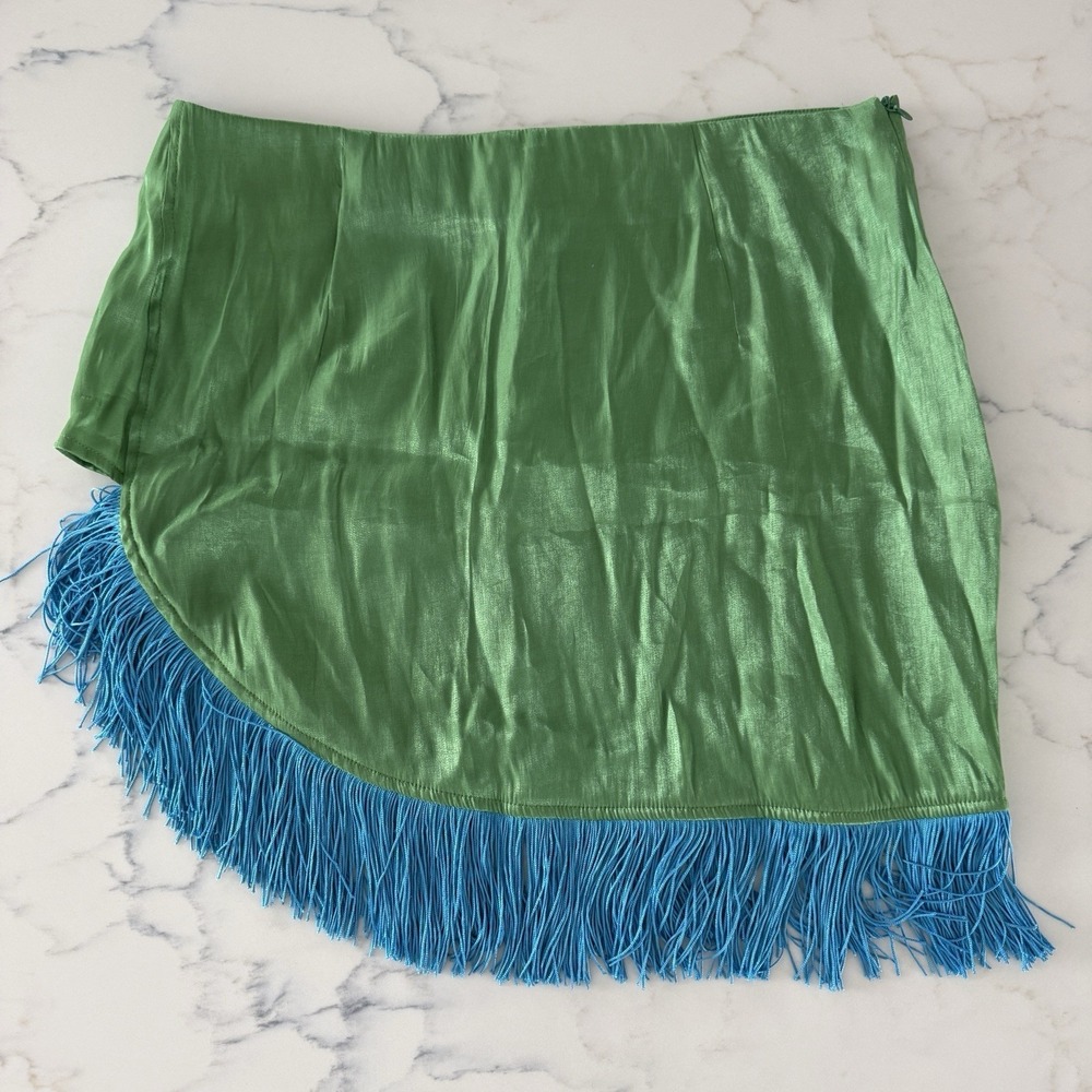 NWT Princess Polly Jupiter Fringe Wrap Mini Skirt Womens 12 Satin Green Dopamine - Picture 3 of 13